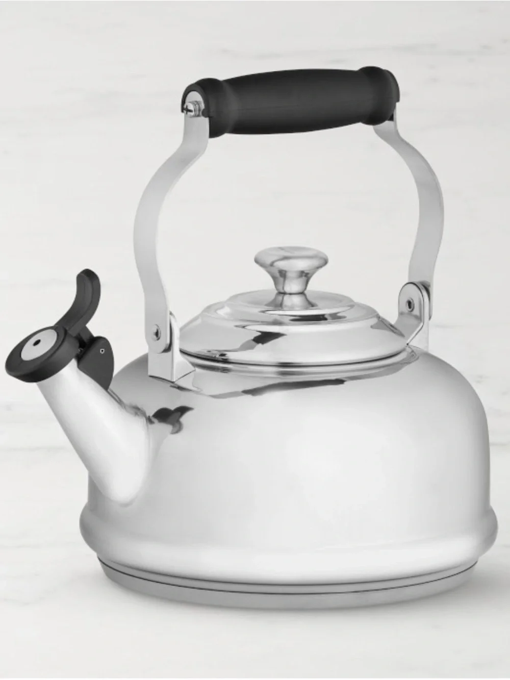 NEW Le Creuset Polished Silver Whistling Tea Kettle with Black Handle